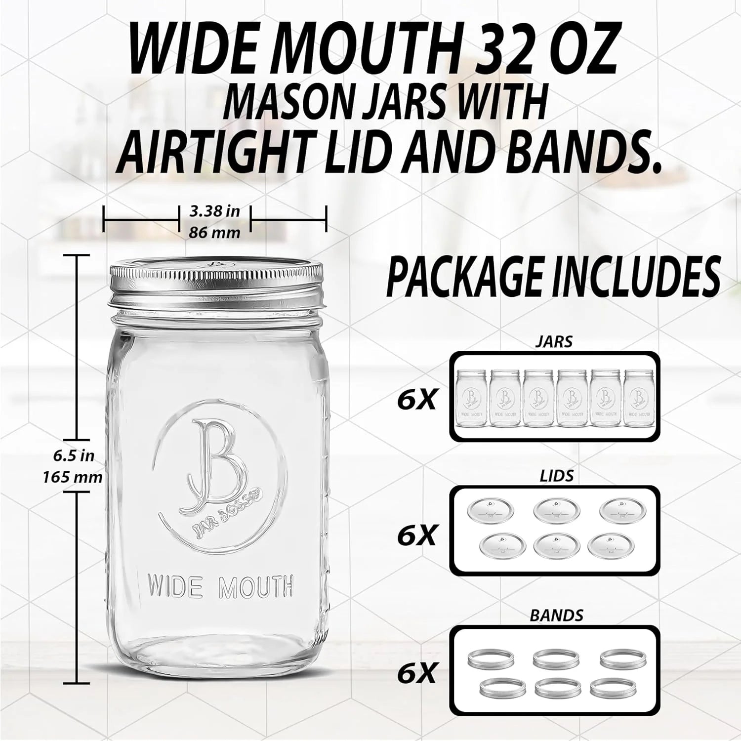 Wide Mouth Mason Jars 32 oz 6 Pack Clear Glass with Airtight Lids P84631