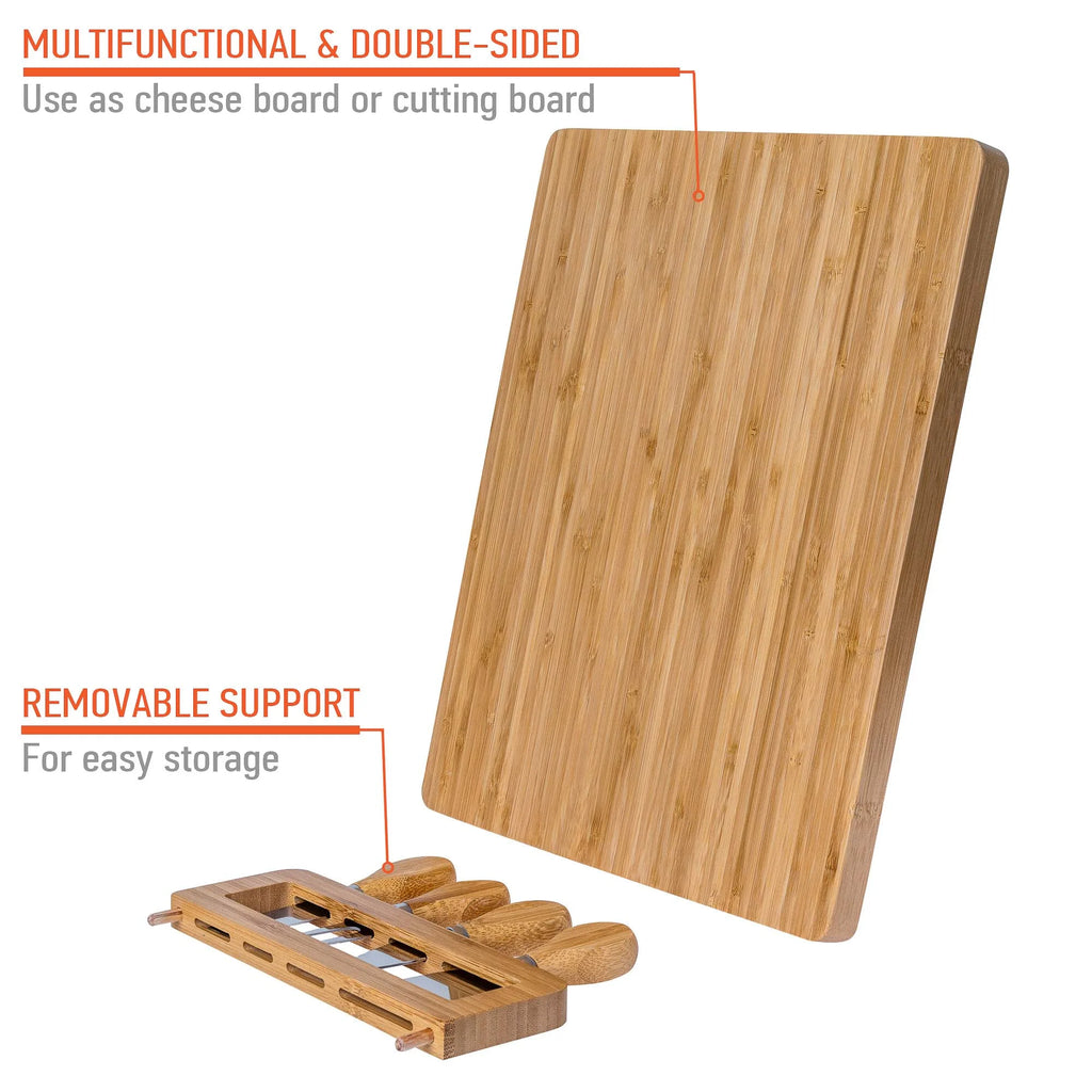 Bamboo Cheese Board and Knife Set 14x11 inch with 4 Cheese Knives W5212