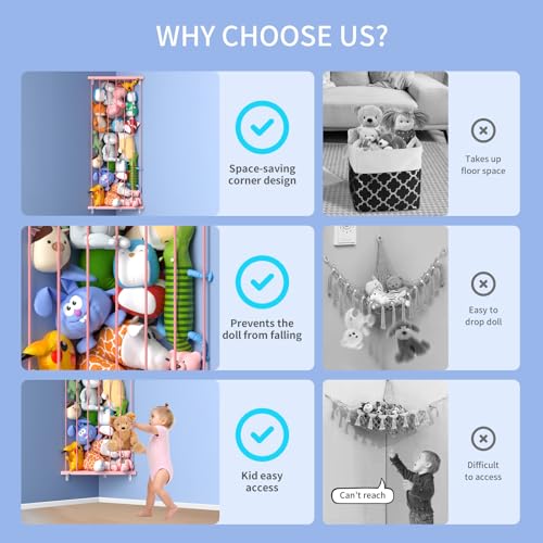 Corner Stuffed Animal Storage Organizer with Adjustable Length, Large Wall Hanging for Kids Room P805