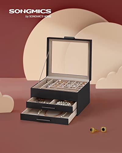Jewelry Box with Glass Lid, 4-Layer Organizer, 3 Drawers Q1936