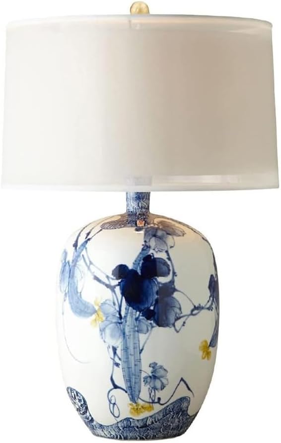 Blue and White Porcelain Table Lamp with Drum Shade P937234