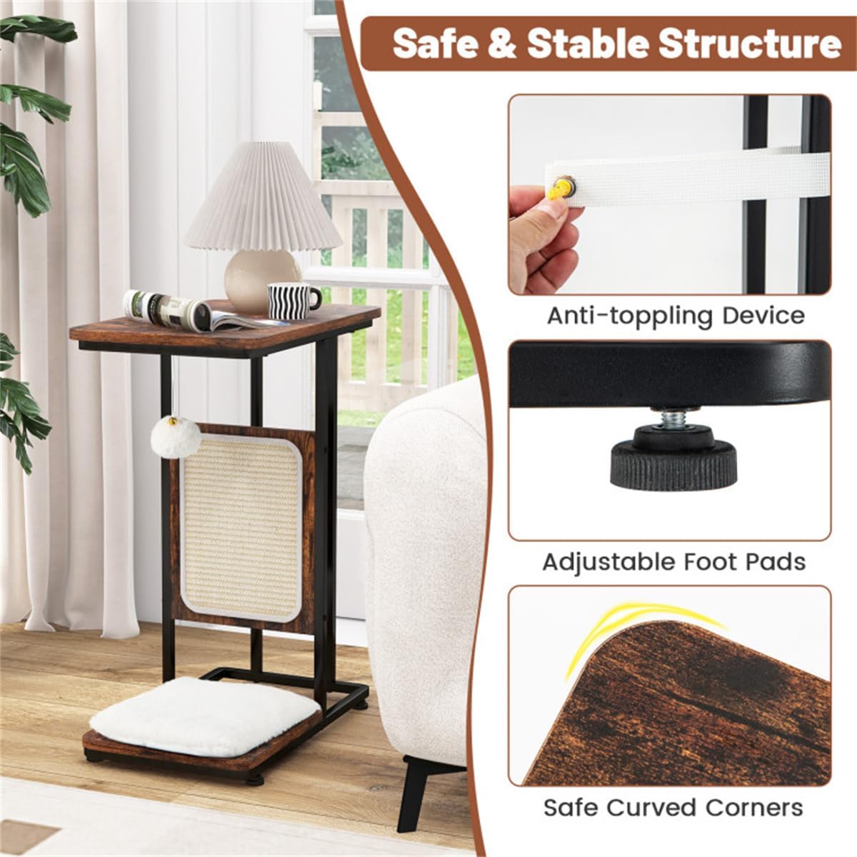 Cat Side Table with Scratching, Industrial Style for Living Room Bedroom I28429