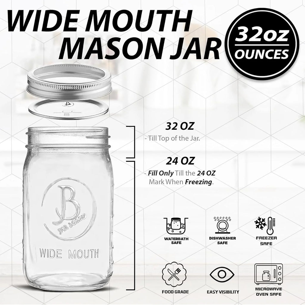 Wide Mouth Mason Jars 32 oz 6 Pack Clear Glass with Airtight Lids P84631