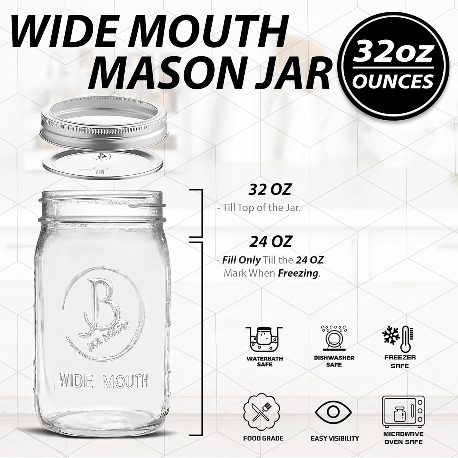 Wide Mouth Mason Jars 32 oz 6 Pack Clear Glass with Airtight Lids P84631
