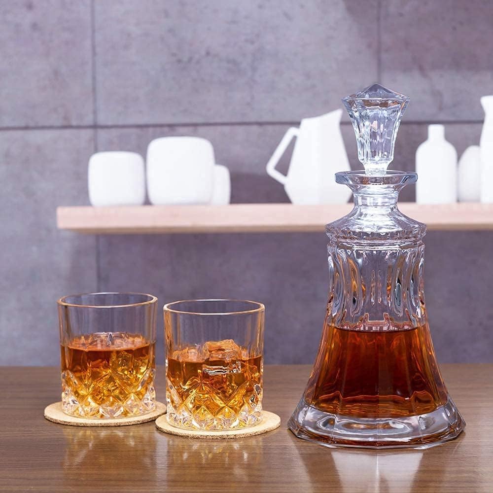 Whiskey Decanter Set with 4 Glasses, Crystal for Bourbon, Scotch, Vodka and Liquor, 9-Piece Z87684