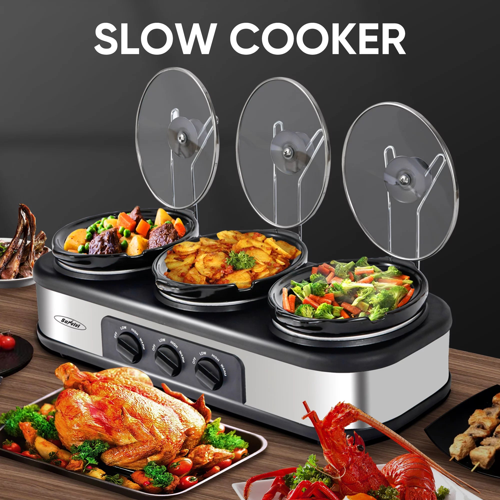 3 Pot 1.5 Quart Slow Cooker Buffet Server with Spoons, Stainless Steel K758414