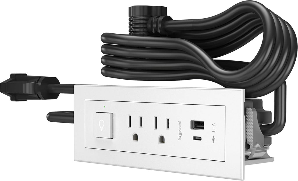 Furniture Power Center with USB and Switch, Recessed Power Strip, 2 Outlets, 10 ft Cord, White P172