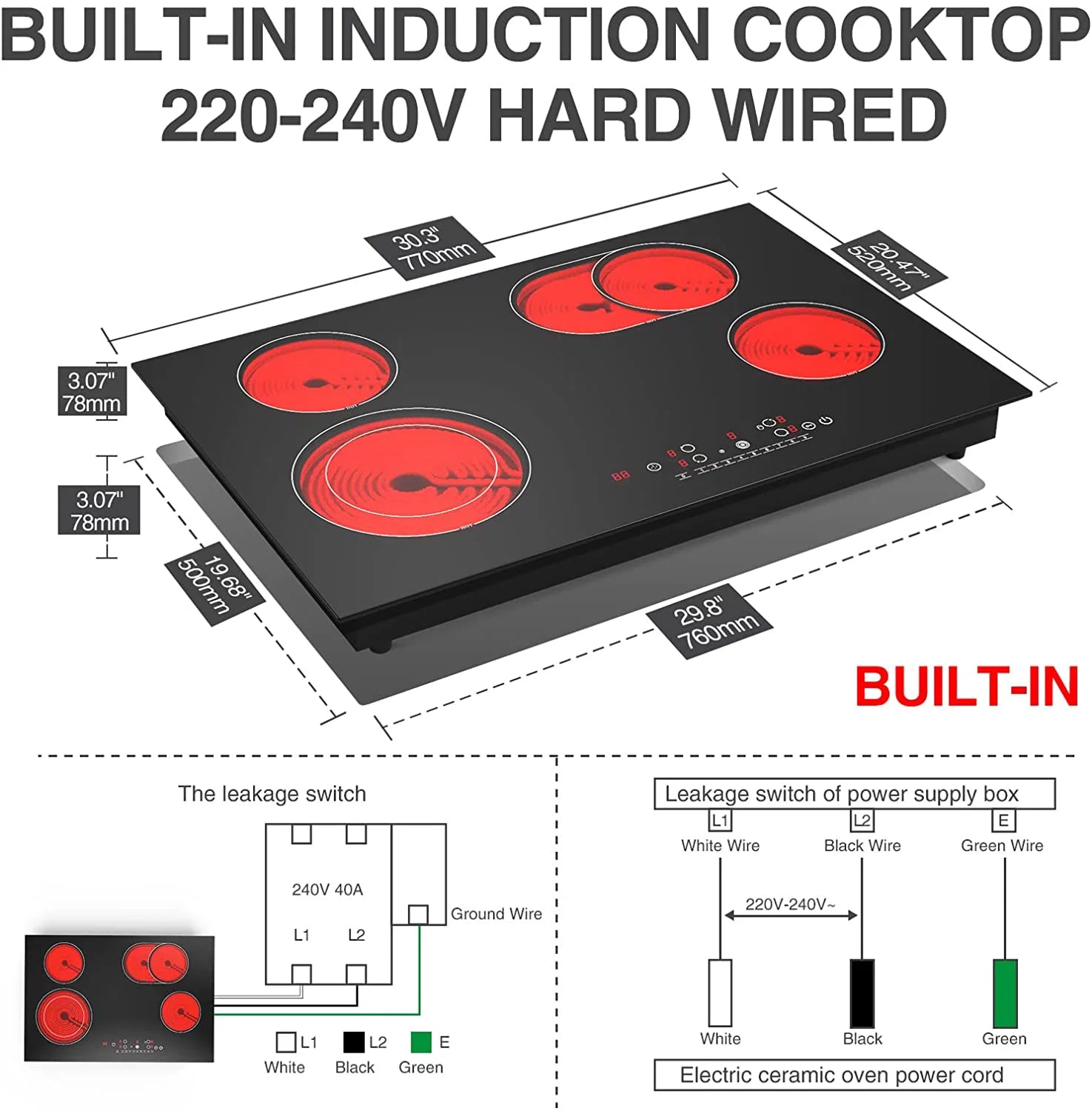 30 Inch Built-in Electric Cooktop, 6800W Ceramic Stove with Touch Screen K6989