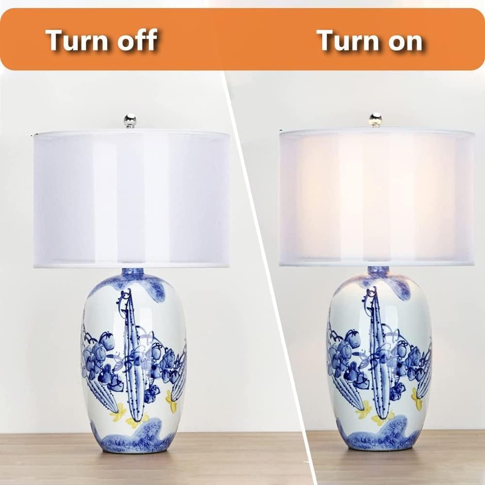 Blue and White Porcelain Table Lamp with Drum Shade P937234