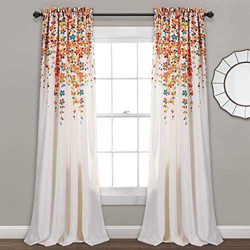 Lush Decor Weeping Flower Light Filtering Window Curtain Panels, Pair, 52"W x 63"L + 2" Header, Navy - Charming Modern Floral Curtains for Living Room, Dining Room, & Bedroom