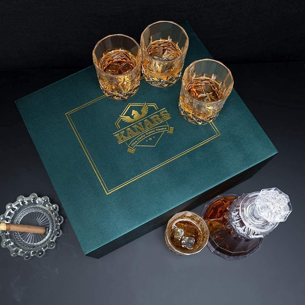 Whiskey Decanter Set with 4 Glasses, Crystal for Bourbon, Scotch, Vodka and Liquor, 9-Piece Z87684