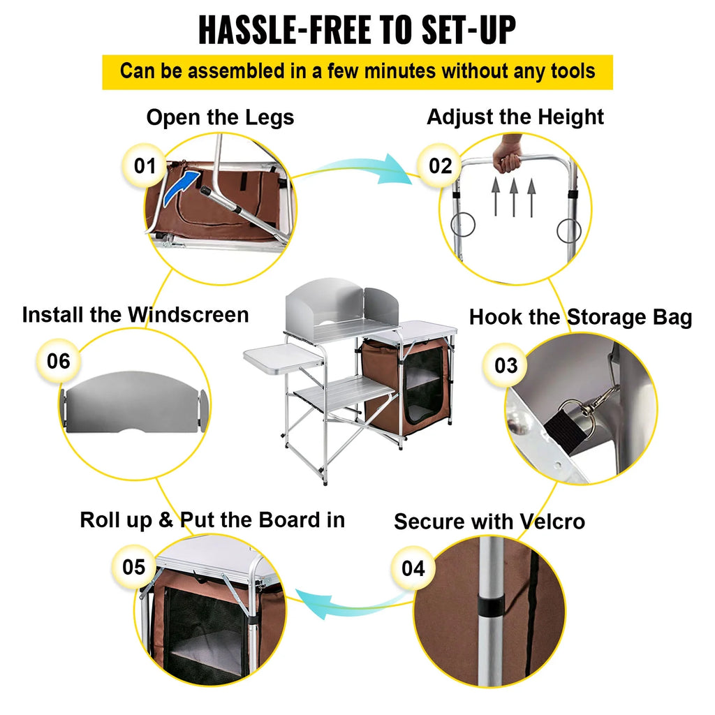 Portable Folding Camp Cook Table with Windshield and Storage Organizer W100369
