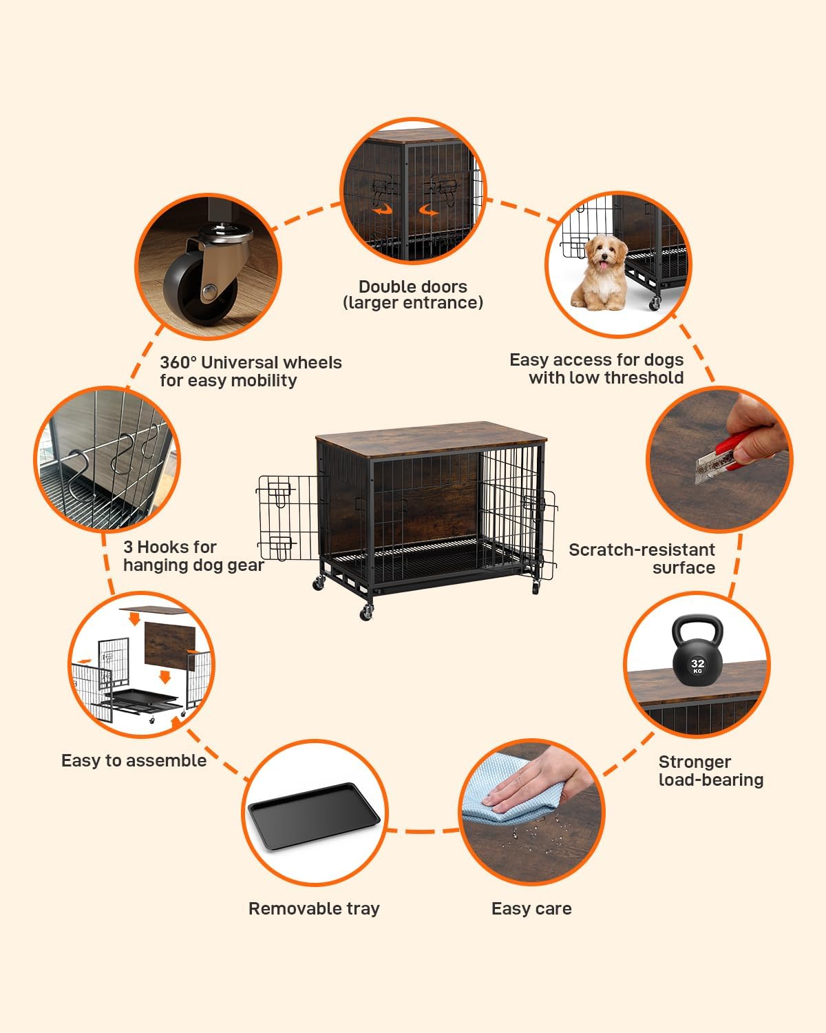 Wooden Dog Crate Furniture with Removable Tray and Wheels for Large Dogs I819