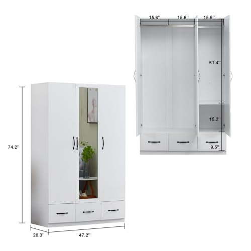 Rattan Armoire Wardrobe with 3 Doors, 4 Drawers and Mirror S20370