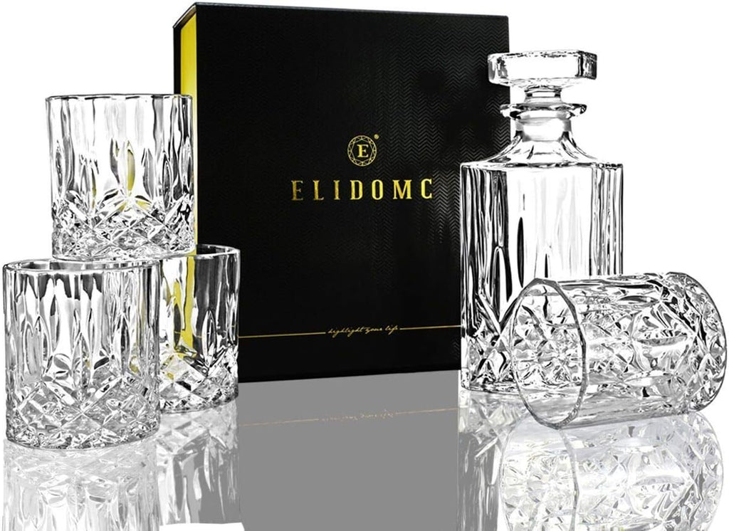 Italian Crafted Glass Whiskey Decanter Set with 4 Old Fashioned Glasses M73354
