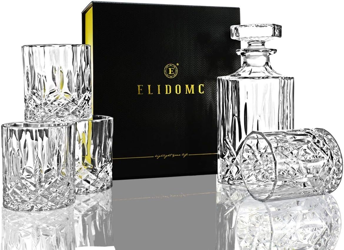Italian Crafted Glass Whiskey Decanter Set with 4 Old Fashioned Glasses M73354
