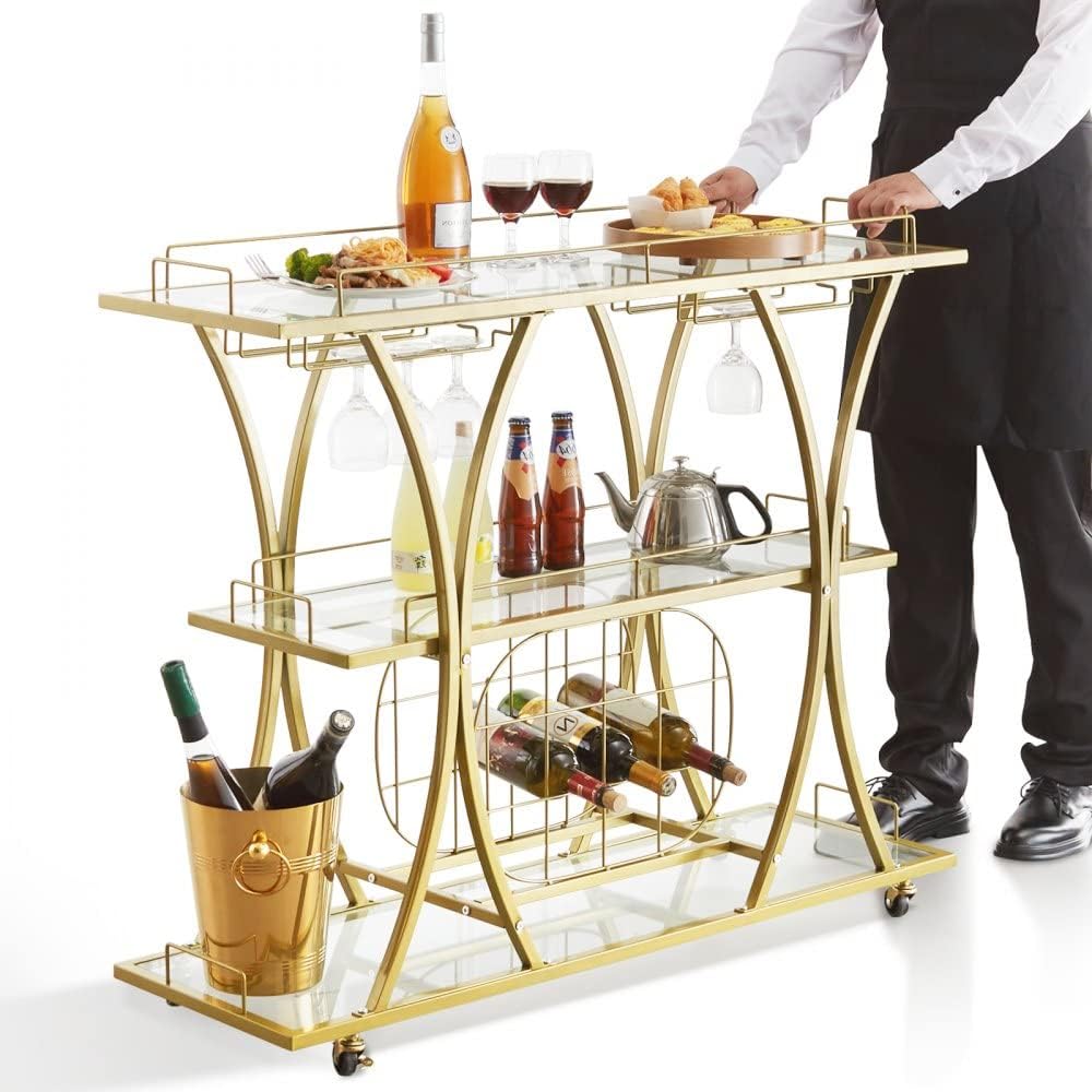 Metal Bar Serving Cart with Wine Rack and Glass Holder, 3 Tiers R942482