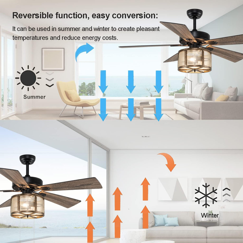 52" Farmhouse Ceiling Fan with Lights, Remote Control, 5 Reverse Blades, Quiet Motor, 3 Speed, Matte Black K2319