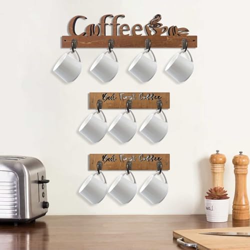 Mug Rack Wall Mounted with 10 Hooks, Wooden Coffee Cup Holder L3676