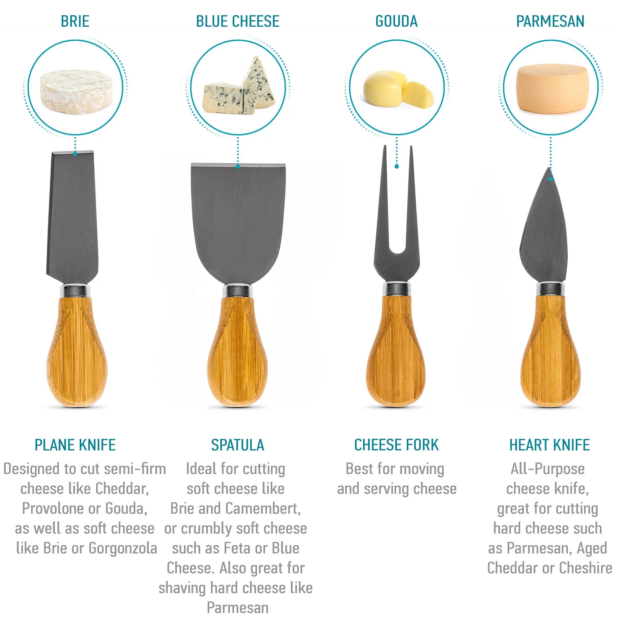 Bamboo Cheese Board and Knife Set 14x11 inch with 4 Cheese Knives W5212