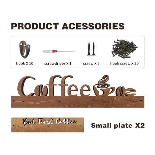 Mug Rack Wall Mounted with 10 Hooks, Wooden Coffee Cup Holder L3676