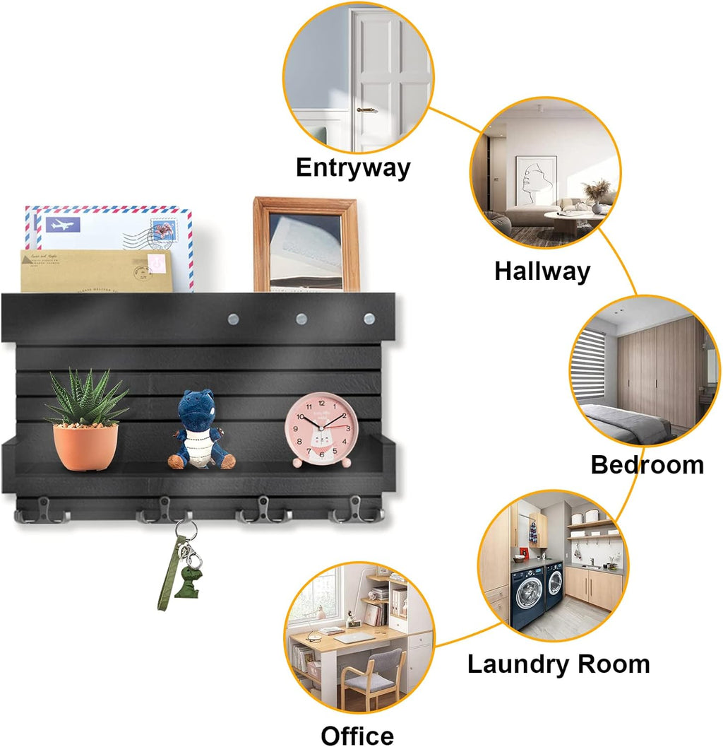 Wall Mounted Wooden Key Holder with 4 Hooks and Mail Organizer Shelf X16295