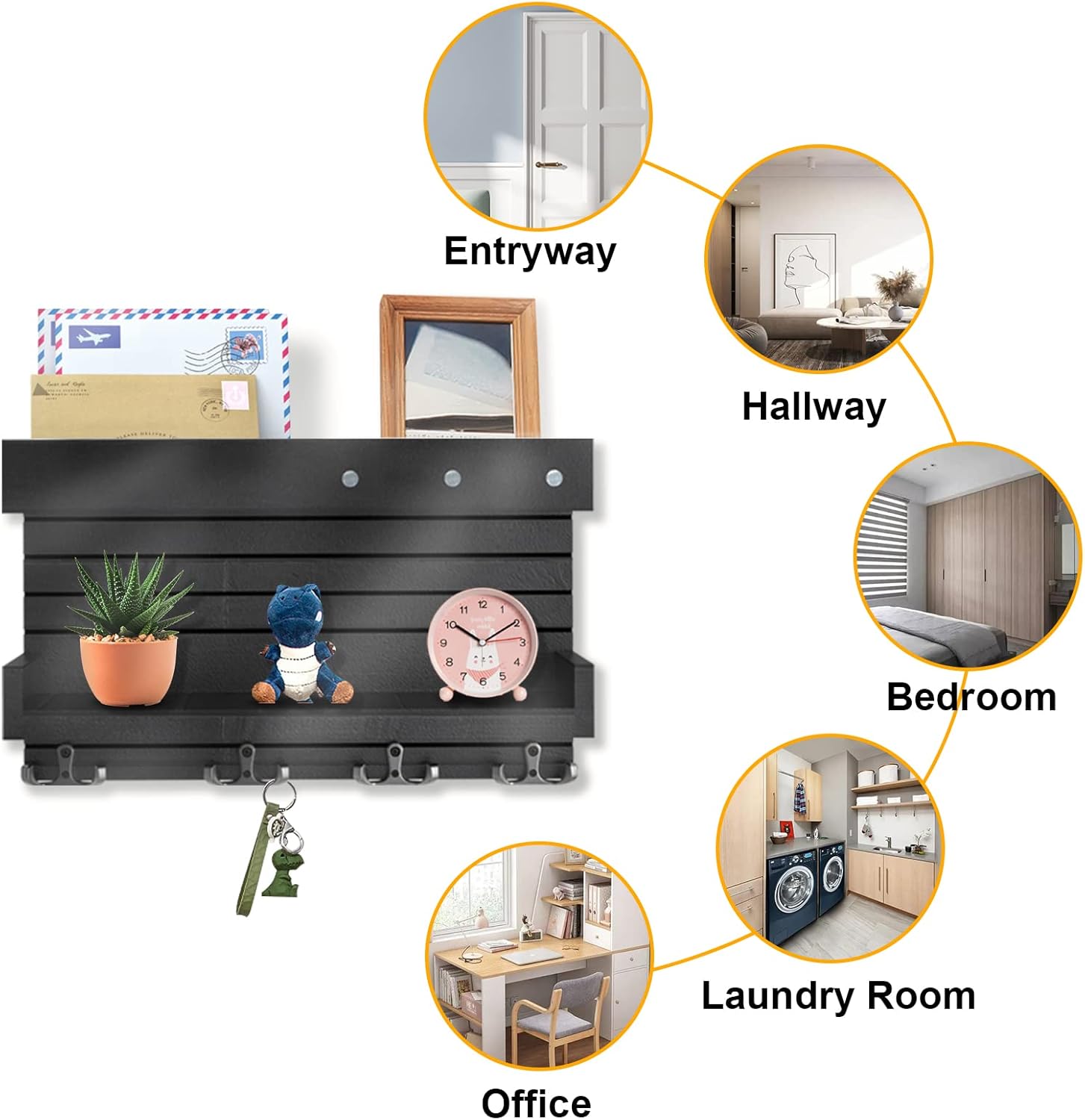 Wall Mounted Wooden Key Holder with 4 Hooks and Mail Organizer Shelf X16295