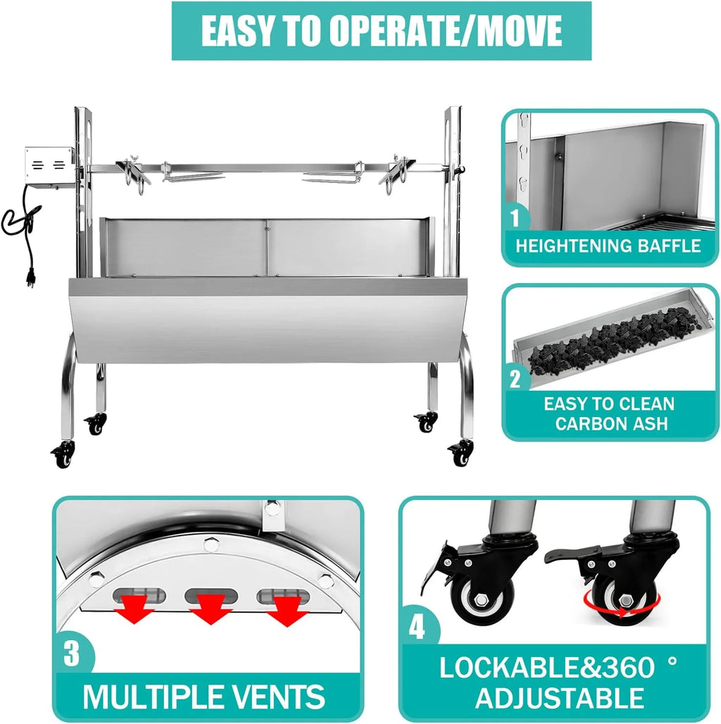 Stainless Steel Rotisserie Grill with Back Cover Guard, 25W Motor, 37" Charcoal BBQ C3467
